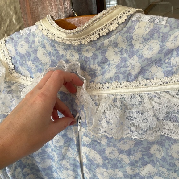 70s Gunne Sax gauzy floral dress vintage cottage core powder blue knee length - Picture 6 of 12